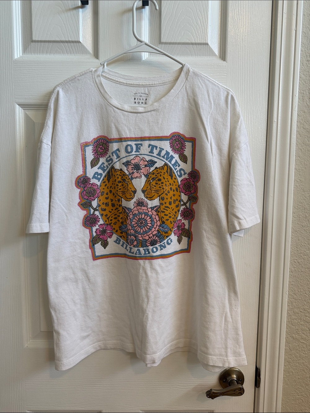 Billabong White Tee with Pink Floral & Yellow Leopard Graphic